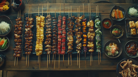 A vibrant and enticing display of grilled skewers and side dishes arranged on a rustic wooden table, showcasing a variety of meats, vegetables, and garnishes.の素材
