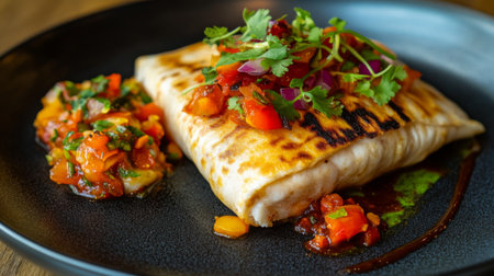 This elegant grilled fish fillet is topped with vibrant salsa and fresh herbs, presented on a stylish plate, showcasing culinary skill and deliciousness.の素材