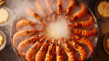 A stunning arrangement of freshly cooked shrimp on a decorative plate, showcasing vibrant colors and steam. Perfect for culinary enthusiasts and food lovers.の素材