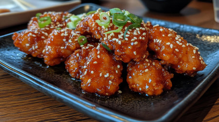 A close-up of spicy chicken wings topped with green onions and sesame seeds, served on a black plate. Perfect for an appetizing meal or gathering.の素材