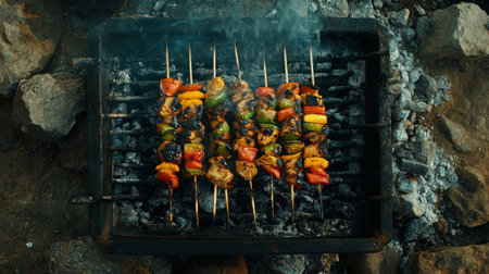 Mouthwatering grilled chicken and colorful vegetable skewers over smoky charcoal flames create a perfect outdoor dining experience for summer gatherings.の素材