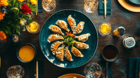 A beautifully arranged platter of handmade dumplings set on a vibrant table. The scene captures a delightful dining experience with colorful garnishes and elegant glassware.の素材