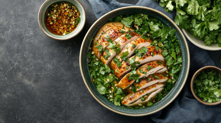This vibrant dish features tender chicken sliced and garnished with fresh herbs and a flavorful sauce, perfect for any meal or occasion.の素材