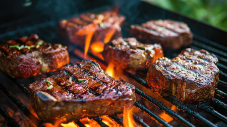 A family enjoying a backyard barbecue, with steaks grilling over an open flame and laughter filling the air, embodying the joy of outdoor cooking and togetherness.の素材