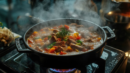 A high-angle shot of a bubbling pot of soup on the stove, with colorful vegetables and meat visible through the steam, creating a comforting cooking scene.の素材