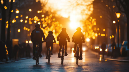 A family of cyclists in silhouette, riding together at twilight, with warm street lights glowing in the background, illustrating the joy of biking as a shared experience.の素材
