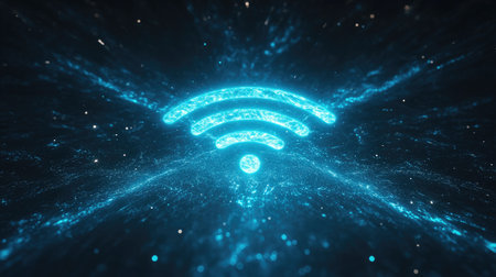 A glowing blue Wi-Fi symbol against a clean white background, with radiating signal waves illustrating strong connectivity, perfect for technology and communication themes.の素材