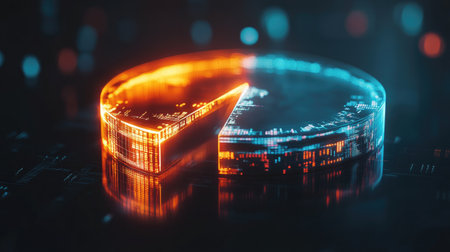 A glowing D pie chart with transparent sections, hovering in a digital space, with each segment representing different financial data points and percentages.の素材