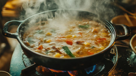 A high-angle shot of a bubbling pot of soup on the stove, with colorful vegetables and meat visible through the steam, creating a comforting cooking scene.の素材