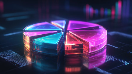 A glowing D pie chart with transparent sections, hovering in a digital space, with each segment representing different financial data points and percentages.の素材