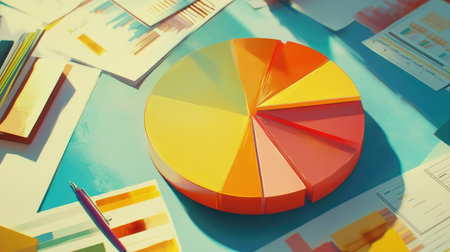 A high-angle shot of a financial planning session where a colorful pie chart is being reviewed, with charts and graphs spread across the table, capturing a collaborative atmosphere focused on financial success.の素材