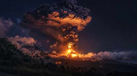 A massive volcanic explosion at night, with glowing lava fountains illuminating the dark sky and a towering cloud of ash spreading across the horizon.の素材