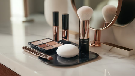 A high-angle view of a beauty routine setup, featuring a powder puff, makeup brushes, and a mirror, with a clean, sophisticated background to highlight the products.の素材