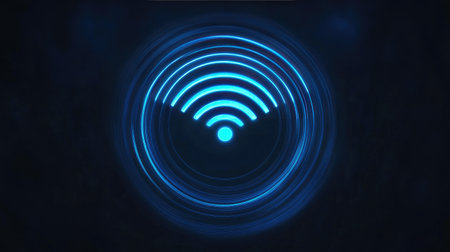 A minimalist design of a Wi-Fi icon glowing in neon blue, with signal waves spreading out in concentric circles, isolated on a plain white background to focus on the symbol.の素材
