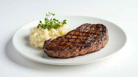 A minimalistic presentation of a steak on a white plate, garnished with a small side of mashed potatoes and a few sprigs of green, set against a plain white backdrop.の素材