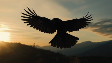 A powerful image of a bird in flight, captured as a silhouette against a dramatic sunset sky, highlighting the wingspan and motion of the bird.の素材