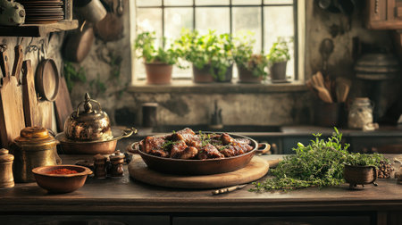 A rustic kitchen setting with a slow-cooked pork rib dish, rich in color and flavor, surrounded by fresh herbs and spices, emphasizing the homely feel of comfort cooking.の素材