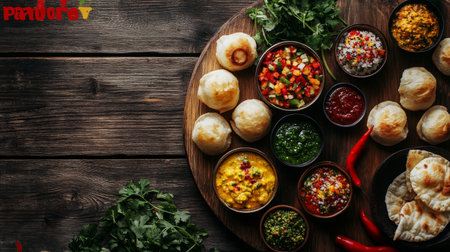 Explore a vibrant Indian cuisine platter featuring assorted dishes, fresh herbs, and colorful ingredients, perfect for culinary enthusiasts and food lovers.の素材