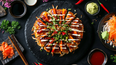 A vibrant Japanese cuisine platter featuring an array of fresh ingredients and sauces, perfect for gourmet dining or a special occasion.の素材