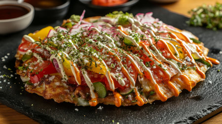 A mouthwatering vegetarian omelette brimming with fresh vegetables, herbs, and sauces, beautifully presented on a slate plate. Perfect for any meal!の素材