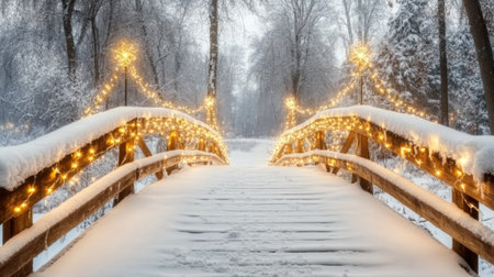 A beautiful winter scene featuring a snow-covered bridge adorned with warm lights. This serene landscape captures the essence of tranquility and charm in a snowy atmosphere.の素材