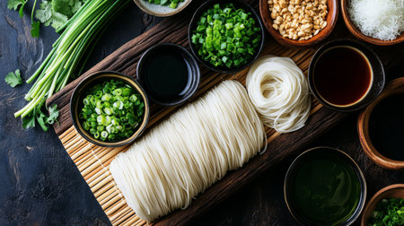 Explore a vibrant assortment of fresh ingredients for Asian cuisine presented on a wooden board, featuring noodles and various herbs, perfect for culinary enthusiasts.の素材