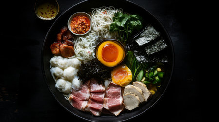 Experience a vibrant assortment of Asian noodles accompanied by a variety of toppings. This colorful dish showcases fresh ingredients and exquisite presentation.の素材