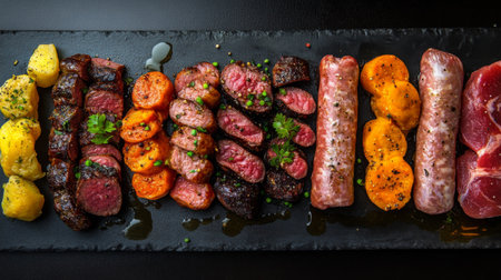 A visually striking arrangement of assorted meats and colorful vegetables on a black slate platter, perfect for gourmet dining or culinary presentations.の素材