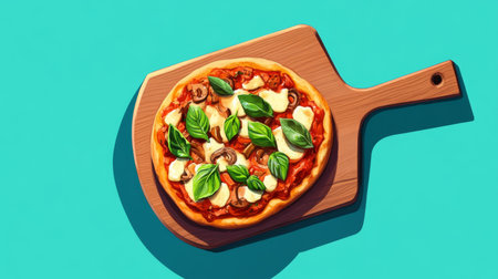 A vibrant image of a freshly baked pizza resting on a wooden cutting board, topped with mozzarella, fresh herbs, and tomato sauce, perfect for culinary themes.の素材