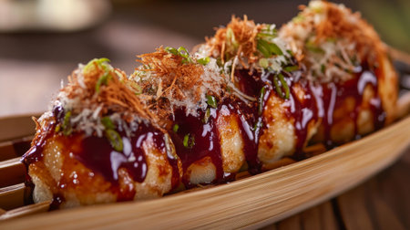Experience the delight of takoyaki, a popular Japanese street food. This image showcases the beautifully plated balls drizzled with savory sauce and topped with fresh ingredients.の素材