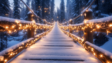 A beautiful snowy bridge adorned with twinkling fairy lights, surrounded by a serene winter forest. Perfect for evoking magic and tranquility.の素材