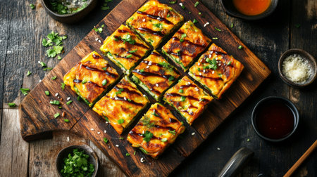 A beautifully grilled savory pancake garnished with fresh herbs, displayed on a rustic wooden cutting board, showcasing vibrant colors and textures for food lovers.の素材