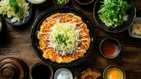 Indulge in the traditional dish okonomiyaki, beautifully arranged with fresh cabbage and green onions. A perfect balance of flavors awaits.の素材