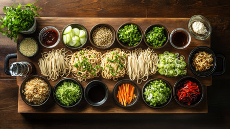 An inviting arrangement of fresh ingredients for an Asian noodle dish displayed on a wooden table, featuring vibrant colors and a variety of textures.の素材
