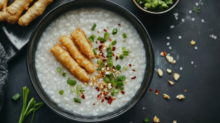 A delicious bowl of rice porridge topped with crispy ingredients and fresh green onions. This comforting dish combines warm flavors and vibrant colors for an inviting meal.の素材
