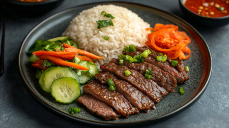 A vibrant plate featuring tender grilled beef, fragrant rice, and fresh vegetables. Perfect for a hearty meal, this dish offers a delightful combination of flavors.の素材