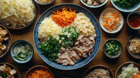 Experience the vibrant beauty of a traditional Asian meal, featuring a variety of fresh ingredients, colorful vegetables, and delicious garnishes, perfect for sharing.の素材