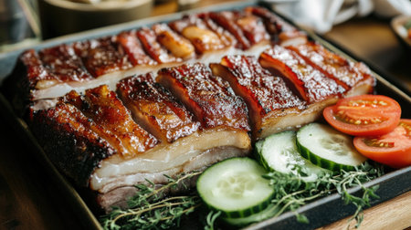 A rustic setting featuring a platter of crispy pork belly, beautifully arranged with slices of cucumber, tomato, and fresh herbs, inviting diners to indulge in this savory dish.の素材