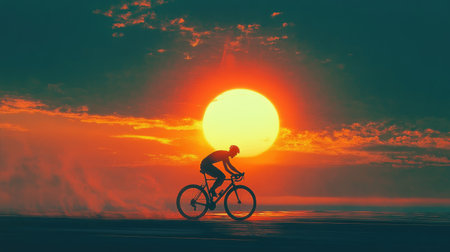 A silhouette of a cyclist riding against the backdrop of a setting sun, with the horizon and sky providing a warm, glowing canvas.の素材