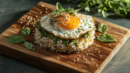 A rustic setting featuring a wooden board with a serving of Thai basil fried rice topped with a fried egg, sprinkled with sesame seeds and fresh herbs for an appealing presentation.の素材