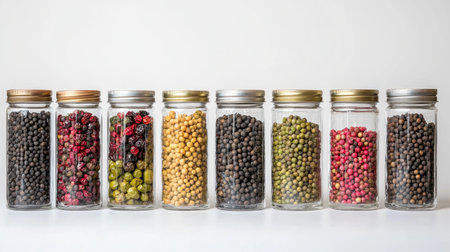 A vibrant image of an assortment of pepper varieties, including black, green, and pink peppercorns, displayed in glass jars against a white background.の素材