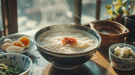 A steamy, comforting bowl of rice porridge on a cold, misty morning, with side dishes of salted eggs, pickled radish, and spicy chili paste completing the scene.の素材