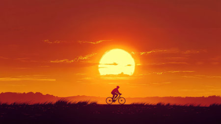 A silhouette of a cyclist riding against the backdrop of a setting sun, with the horizon and sky providing a warm, glowing canvas.の素材