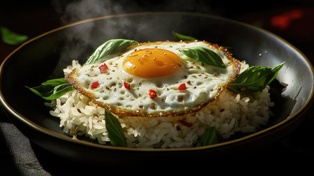 A steaming plate of Thai basil fried rice topped with a perfectly fried egg, drizzled with a rich soy sauce, garnished with fresh basil leaves and sliced chili, evoking a mouthwatering Thai delight.の素材