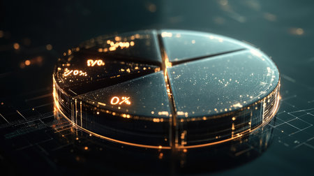 A transparent D pie chart with floating segments, displayed against a dark, futuristic backdrop, with glowing percentages next to each slice for clarity.の素材
