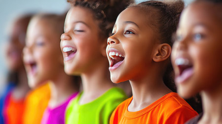 A vibrant image of a children's choir singing energetically during a school event, highlighting their joyful expressions and colorful outfits, showcasing the innocence and joy of music.の素材