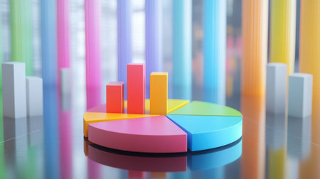 A vibrant D pie chart with colorful segments floating above a reflective surface, representing financial data breakdowns, with percentages displayed next to each segment.の素材