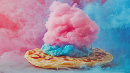 A vibrant image of a freshly cooked roti with a cloud of pink and blue cotton candy on top, set against a festive, colorful background.の素材