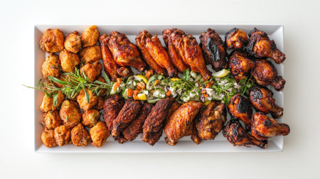 A vibrant overhead view of a platter filled with assorted fried chicken pieces, including wings, thighs, and drumsticks, elegantly arranged on a white background for an appetizing presentation.の素材