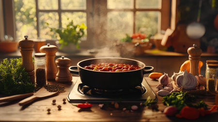 A warm, inviting kitchen scene where a pot of chili is being simmered, surrounded by an array of spices and fresh ingredients, depicting the heart of home cooking.の素材